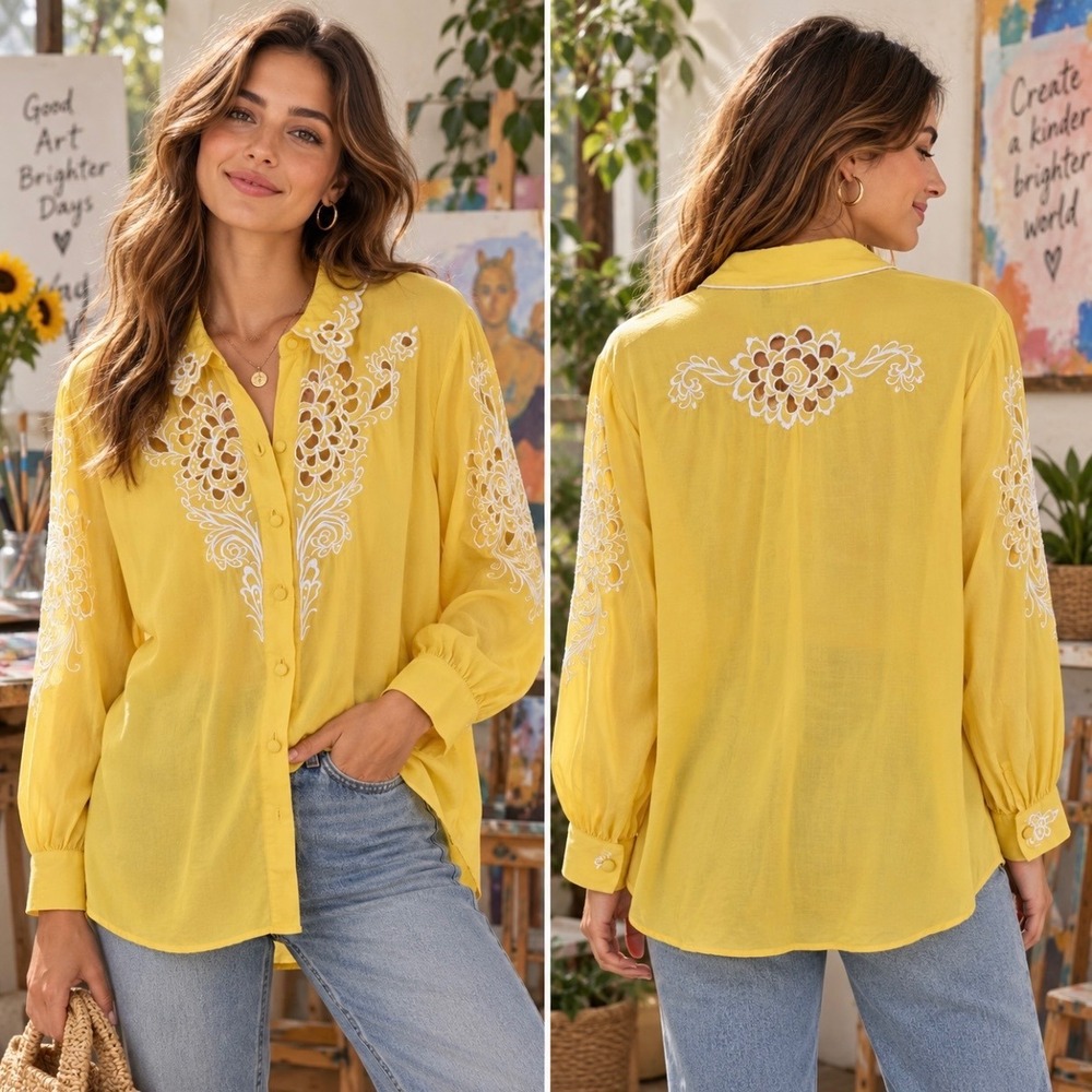 Bob Mackie 1X Yellow 100% Silk Floral Embroidered Eyelet Cutout Top Vintage Chic